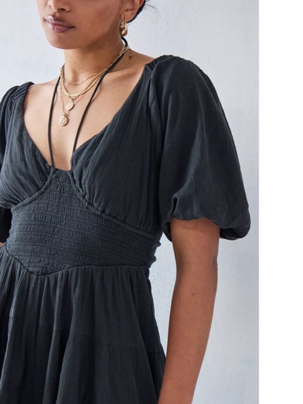 NEW FREE PEOPLE Washed Black PERFECT DAY Cotton Gauze TIERED Tie Mini DRESS XS - Picture 13 of 16